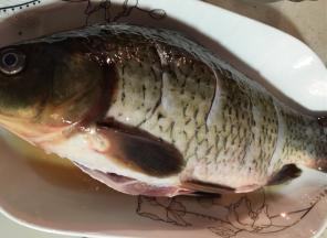 草鱼剖开将内脏掏出，鱼身表面用刀划小口，洗干净后用料酒和盐腌制半小时