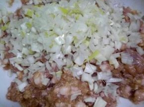 放入香油和葱蒜油，加入剁好的白菜，使白菜与肉馅酱汁充分搅拌调匀