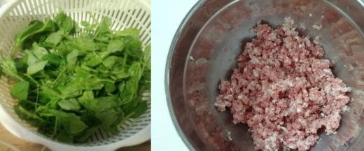 猪肉馅备好，豌豆尖掐去老根洗净沥干水分