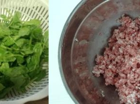 猪肉馅备好，豌豆尖掐去老根洗净沥干水分