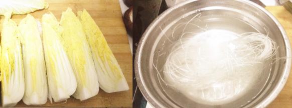 娃娃菜洗净对半切，切成四瓣，粉丝用热水泡软