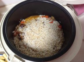 将煮过的羊肉连汤倒入电饭锅内，放入胡萝卜条，最后放入泡好的大米，按下煮饭键