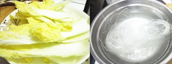 白菜切成片状，粉丝提前用热水泡软