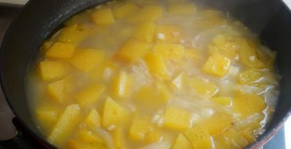 向锅内加水，将南瓜煮软