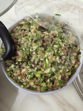 将白菜、搅好的猪肉、葱、姜、木耳切碎拌匀，加入盐，鸡精，胡椒，料酒，油，然后将搅拌好的馅放入冷冻室一小时，之后馅会硬一点，基本无汤汁，但是最后做出来的就有汤汁，而且冷冻后的馅好包一些