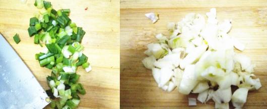 香葱切成段，蒜切末。干辣椒切成条