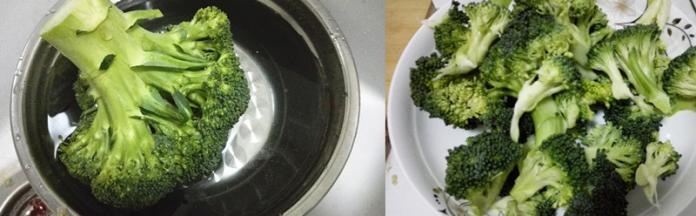 西兰花放入清水中浸泡洗净，用手掰成小块备用