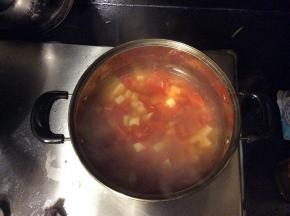 把炒好的土豆和番茄放入汤锅中，大火煮开