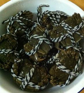 买来的大闸蟹用小刷子放在流水下冲洗干净，擦干表面的水分