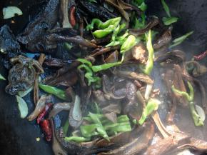 炒锅放油，烧热后放上蒜片和干辣椒、花椒爆香，放上牛肝菌中火翻炒，倒入青椒和适量食盐，炒匀炒熟后出锅