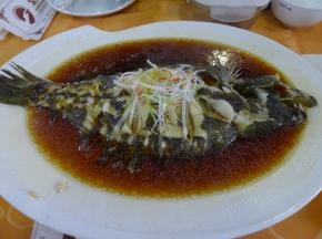 蒸好的比目鱼取出，拂去表面的姜片和葱段，撒上葱丝，淋上一勺热油即可
