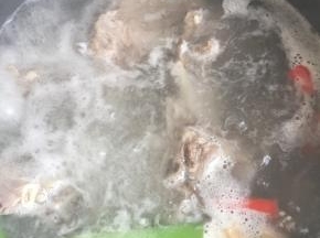 锅内重新放水烧开，翻入羊蝎子，翻入葱姜和辣椒，小火煮1个半小时