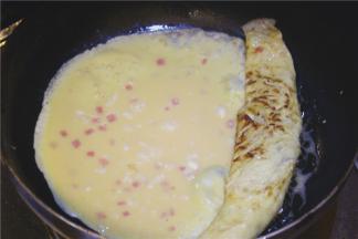 第一层蛋液凝固后卷成蛋卷，倒入第二层蛋液，依次煎成型