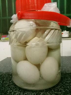 将鸭蛋表面残留的清水抹干净，把鸭蛋放入盐水中浸泡，保持水位在鸭蛋上方，盖盖密封15-20天