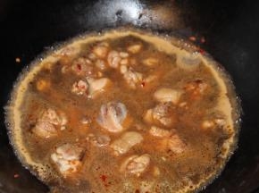 鸡肉炒变色后加水没过，倒入调味汁（3勺酱油+1勺料酒+1小勺盐），加盖大火煮开