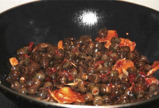 加入田螺，一大勺郫县豆瓣，料酒少许，继续翻炒；加入少许糖，味极鲜，翻炒均匀后加一碗水煮炖入味，汤汁浓稠后收汁出锅