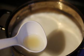 鱼胶粉用冷水泡化，倒入椰浆里，煮成完全融化