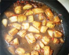 翻炒片刻后，加水盖上锅盖，小火焖炖入味。