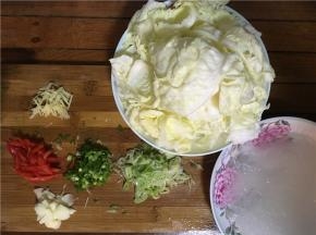 （1）将包菜手撕撕碎（也可用刀切，刀切的会比较碎，看个人喜好）
（2）粉丝剪段用温水浸泡备用
（3）佐料准备：红辣椒切丝、姜切丝、蒜切末、葱切碎（大葱切碎用于炒，小葱切碎最后装盘）
