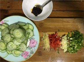 1.	材料准备：
（1）将黄瓜洗净切片
（2）佐料准备：红辣椒切丝、姜切丝、蒜切片、葱切碎
