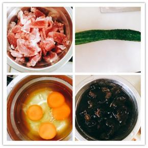 准备食材：肉片、黄瓜、鸡蛋、木耳。