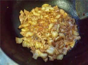 翻炒一会后，倒入姜蒜，放点豆瓣调色