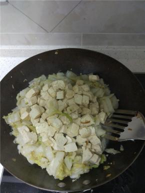 白菜炒软出水，再根据情况加入少量的开水，倒入煎好的豆腐