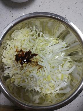 切好的白菜丝放入大点的盆里面，放入 葱姜蒜，加入香油，醋，酱油，蚝油，盐，搅拌均匀