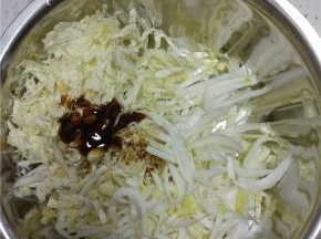 切好的白菜丝放入大点的盆里面，放入 葱姜蒜，加入香油，醋，酱油，蚝油，盐，搅拌均匀