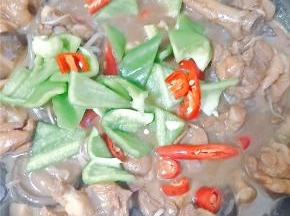 30分钟后打开锅盖，加入盐调味，尝一下咸淡，然后把青椒红椒放入翻炒。