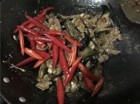 最后放红辣椒进去翻炒，加半碗水焖一下，最后加盐、鸡精试味
