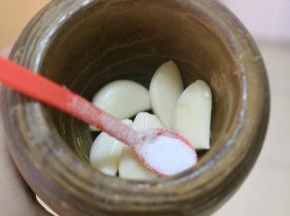 大蒜剥好之后放入捣蒜器内，加少许的盐捣成蒜泥。加盐可以防止蒜瓣迸溅