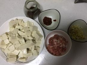 将豆腐洗净切块，用开水焯2分钟，开水中要加入盐，去豆腥味，姜蒜切沫，准备好豆瓣酱、花椒面，肉馅儿