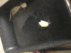 在平底锅内倒入少量食用油，中低火，葱丝和大蒜炝香后捞出