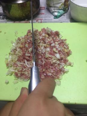 将五花肉、白菜洗干净，切成小末，加入葱姜，剁匀