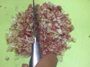 将五花肉、白菜洗干净，切成小末，加入葱姜，剁匀