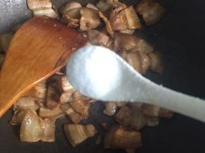 取一半的葱姜蒜起锅爆香，下入五花肉片煸炒至肉片发白出油后，加入老抽、盐调味，翻炒均匀即可出锅备用，肉不需要炒太熟，等下还要和豆角一起炖。