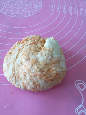 取出面粉，加入水，和面，如果可以接受胡萝卜，则此刻将胡萝卜碴子放入面团，揉匀，将面用湿布覆盖醒面15分钟。