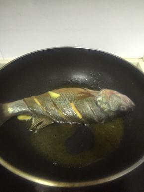 将鲈鱼从盘子取出，放入热锅中煎至两面金黄