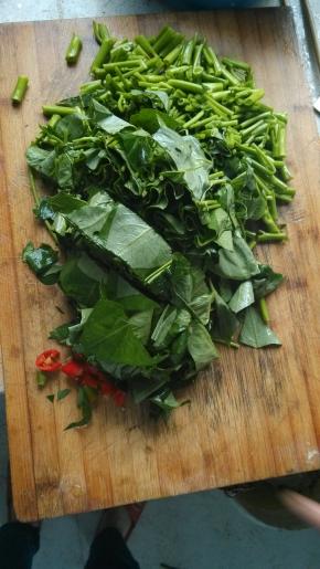 将洗净、浸泡过水的空心菜切碎，并切一颗辣椒