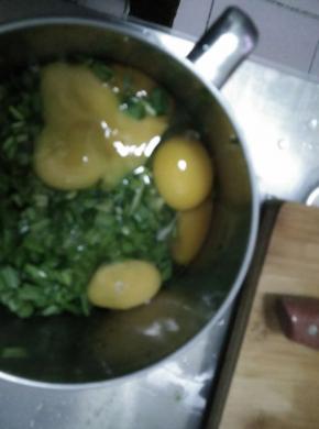 韭菜放入盆中，把鸡蛋打碎放入韭菜中，加入适量盐搅拌均匀。