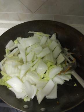 炒锅倒入少量油，烧热后加葱蒜炒香，把白菜帮放进去进行翻炒,加入适量的盐,容易炒软