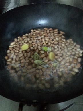 花生米加水提前放盐泡上，锅内加入适量水，把泡至的花生米放到锅内煮。同时放入葱姜花椒大料等调料。