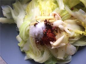 焯好的白菜沥去水后放在盘子里，在顶端放上辣椒面、食盐、花椒、蒜末、姜丝，倒上一勺生抽。