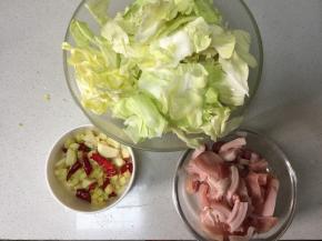 将包菜手撕成块，五花肉带皮切片，将蒜、姜、干辣椒切好备用