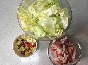 将包菜手撕成块，五花肉带皮切片，将蒜、姜、干辣椒切好备用