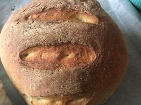 烤箱预热到200度，底层放一盘热水，面包放至中层，上下火烤，25到30分钟，烤至表面上色即可（烤完后记得先倒放散热再切）