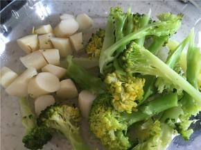 泡好的西兰花，切开，在锅子里加水，加入西兰花煮沸煮熟，捞出备用