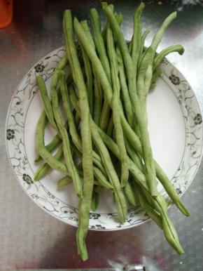 把豆角俩边去丝，掰成俩段，清水冲洗豆角