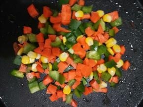 平底锅下少量油，油热下所有时蔬！